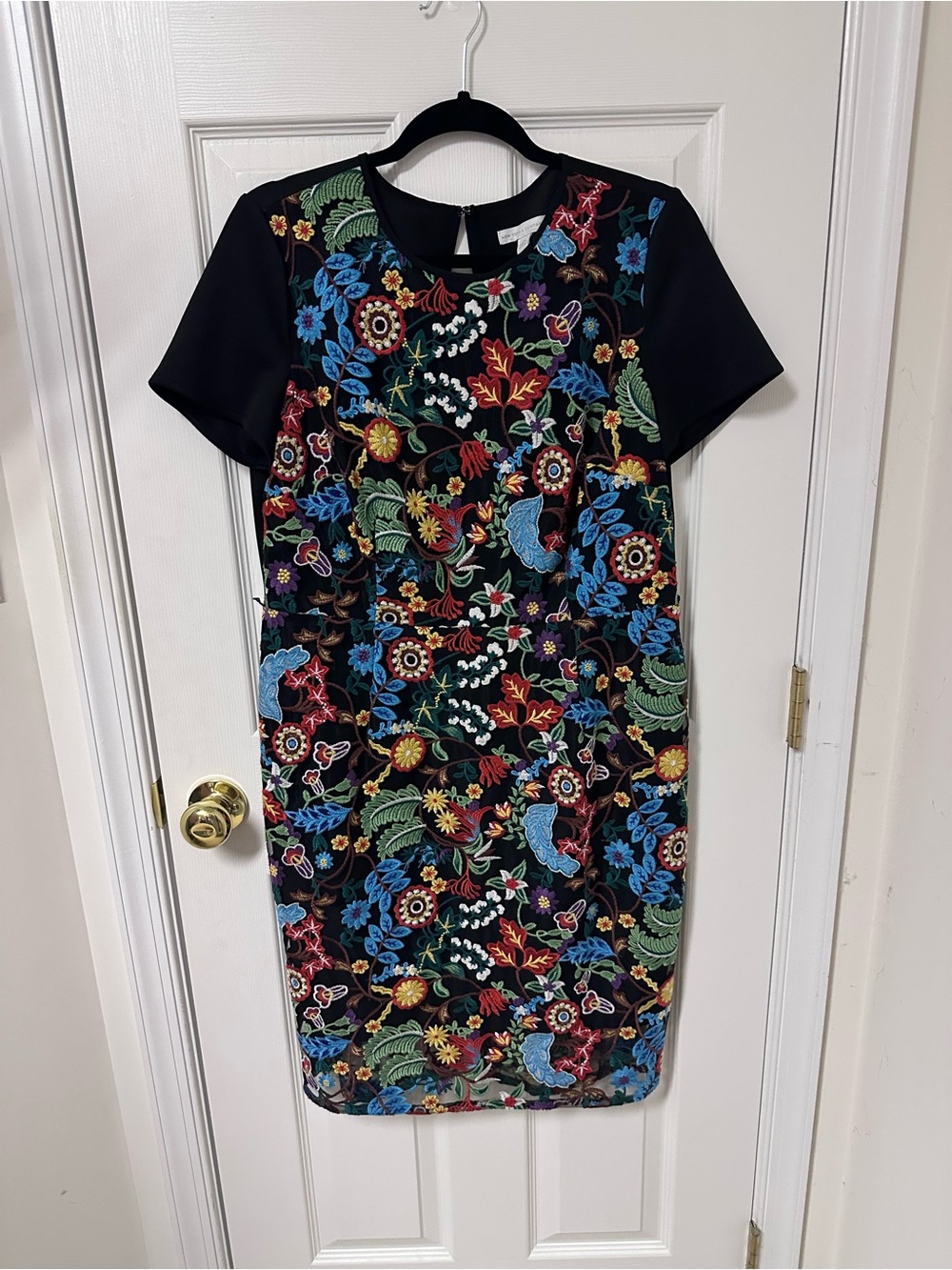 Floral Embroidered Black Shift Dress